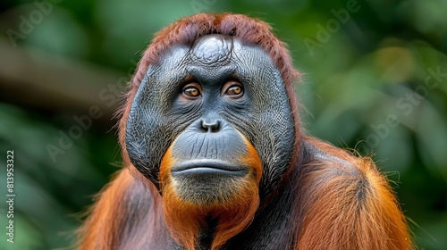 Close-up portrait of a Bornean orangutan with a thoughtful expression, set against a blurred green background.
