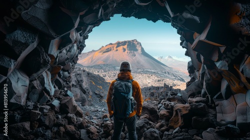 A lone explorer stands at the entrance of a rugged cave with a majestic mountain in the distance.