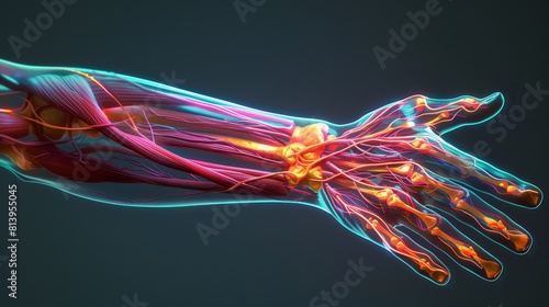 Vibrant digital representation of the anatomy of a human hand, showcasing muscles and tendons in vivid colors against a dark background.