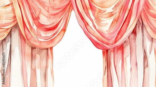 watercolor painting of pink and white curtains.
