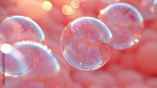  A cluster of air bubbles afloat atop a fuchsia water expanse, adorned with teardrops both above and below