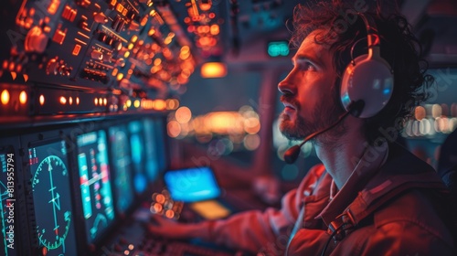 An air traffic controller focused on monitoring radars and flight data in a dimly lit control room with illuminated panels and screens.