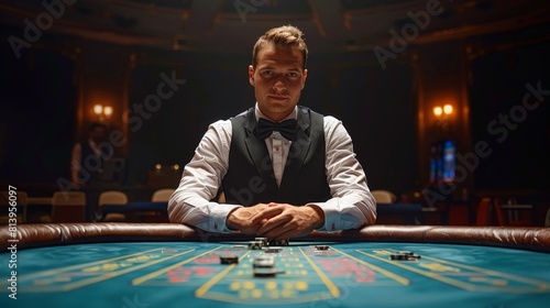 Casino dealer standing at a gaming table with cards and chips, in a dark room with ambient lighting.