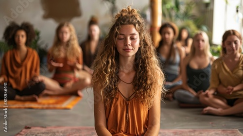 A female yoga instructor leads a meditation class, participants with eyes closed in a serene indoor setting.
