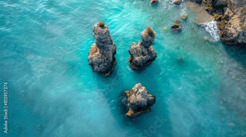 Aerial view of Le Due Sorelle rock formations off the coast of Torre dell'Orso.