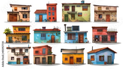 A cartoon set of poor ghetto houses isolated on white background. Illustration of slums, abandoned districts, dirty shacks, boarded windows and criminal areas.