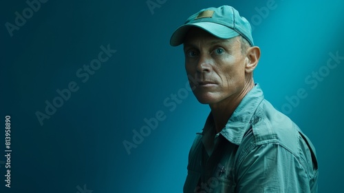 A man in a zookeeper uniform poses on a blue background, looking intently to the side.