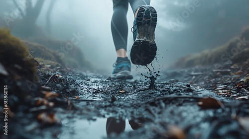 Trail running on a foggy morning, soft focus, closeup on running shoes and muddy path, mysterious