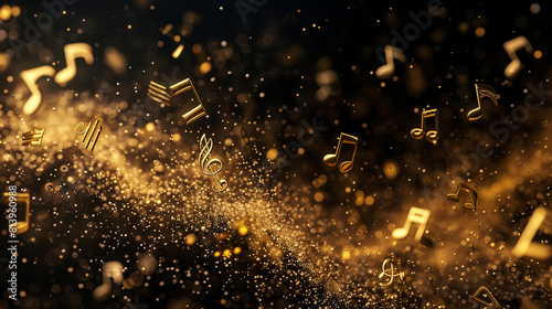 3D musical notes flying in the air with a golden color and unusual background, unusual illustration.