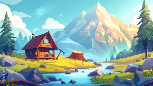 An axe-wielding stump and a shack porch accompanying a mountain stream in this nature game modern. A beautiful wood house near flowing water next to a pine tree forest cartoon background.