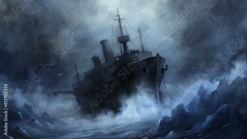 Watercolor painting of the ship in the stormy weather in the sea dark blue colors