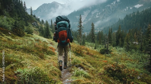 A man with a backpack is trekking uphill on a rugged terrain.