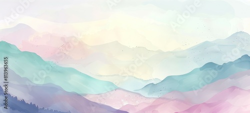The watercolor painting of blue and purple mountains with a white background.