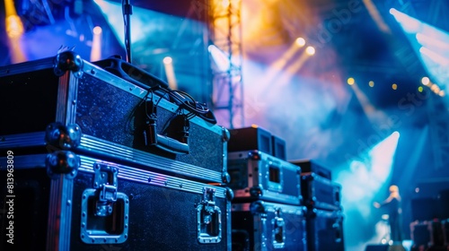 Close-up view of equipment cases at a concert with colorful stage lights in the background.