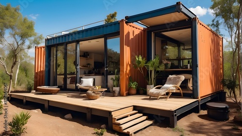 A compact, contemporary dwelling made out of shipping containers on a beautiful day. Shipping container homes are an environmentally responsible, sustainable way to live or vacation.
