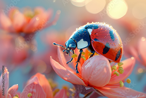 Delicate Discovery: A Ladybug's Dance on Dewy Petals
