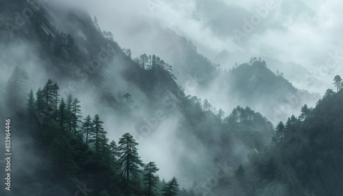A high-resolution image featuring a cluster of ancient pine trees on a misty mountain slope, their stoic presence and towering heights creating a timeless and serene alpine landscape