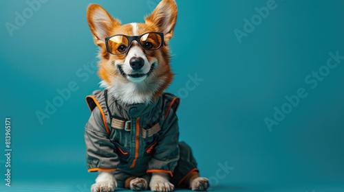 A smiling cute dog wearing a motor racer suit and sitting on the blue color background