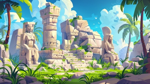 Old ruin of old civilization buildings and statues in jungle. Cartoon modern illustration set of stone temples with green grass. Abandoned architecture and statues.
