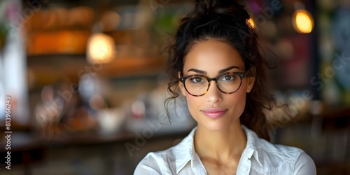 Portrait of a biracial woman with frizzy hair wearing a white shirt and glasses in a cafe. Concept Portrait Photography, Diversity in Fashion, Glasses Style, Cafe Vibes, Natural Hair Styling