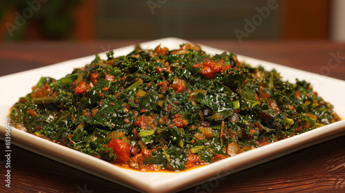 Vibrant plate of sukuma wiki, a classic kenyan delicacy made from collard greens simmered with tomatoes and spices