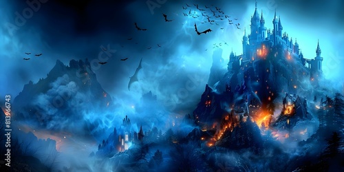 Gothic Vibes: Spooky Castle on Mountain with Bats Flying and Glowing Windows. Concept Gothic Vibes, Spooky Castle, Mountain View, Bats Flying, Glowing Windows