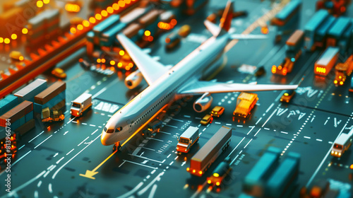 Detailed depiction of a busy airport scenario with a large plane ready for takeoff and numerous vehicles.