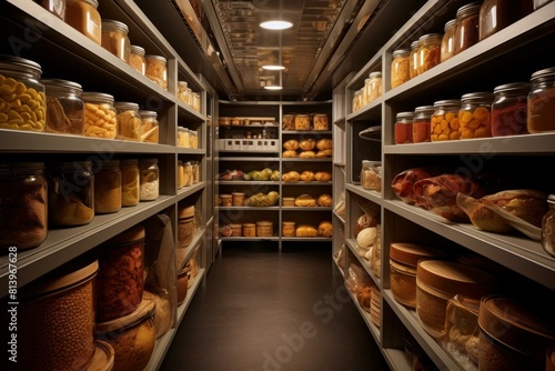 Home pantry filled with shelves of canned goods and food staples, neatly organized