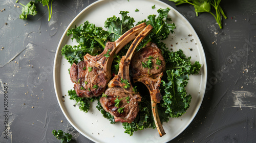Exquisite kenyan grilled lamb chops garnished with fresh herbs, served on a white plate amidst a dark, rustic background