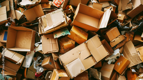 A large pile of discarded cardboard boxes in various sizes and conditions, showing signs of wear and previous use.