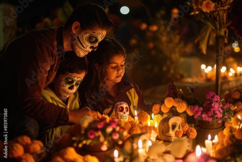 Day of the Dead, Mexico Families decorating altars with marigolds and sugar skulls in a candlelit cemetery to honor their ancestors during Día de los Muertos