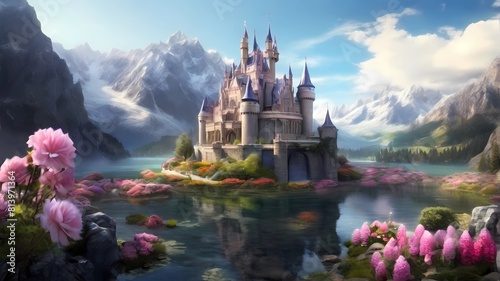 Stunning fantasy castle with mountain, lake and flowers garden