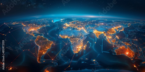 A map of the world with glowing connections between different countries, symbolizing global connectivity and digital network, highlighting China's presence in South Asian region on