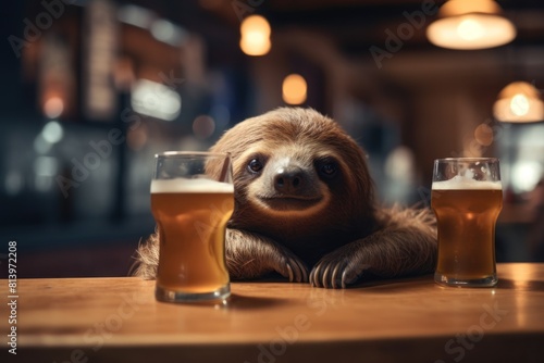 Drinking sloth with a glass of beer.