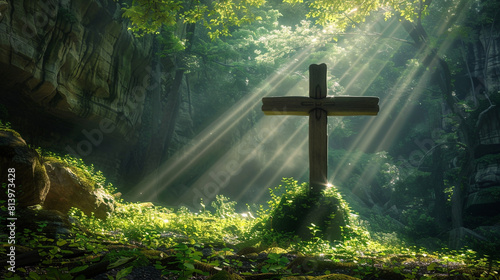 A Christian cross in a lush green valley, with rays of sunlight breaking through the canopy of an ancient forest, spotlighting the cross in a divine light.
