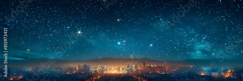 Photo realistic cityscape sparkles below a starry night, blending urban lights with celestial stars stunning concept capture