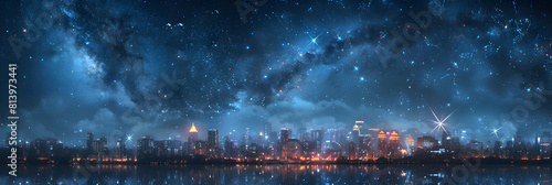 Urban Lights and Celestial Stars: A Photo Realistic View of Starry Night Over Cityscape Sparkling Below
