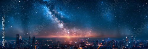 Cityscape Sparkling Below Starry Night: Urban Lights vs Celestial Stars Photo Realistic Concept