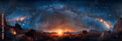 Cosmic Campfire Tales: Campers Under Starry Sky Embracing Adventure with Stellar Backdrop Photo Realistic Camping Concept