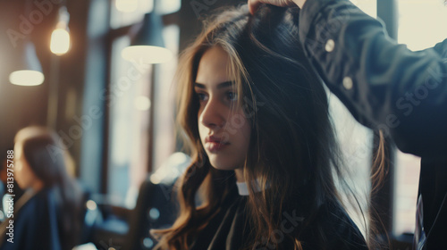 Cabeleireiro criando um lindo penteado para uma jovem estilosa com cabelos longos no moderno salão de cabeleireiro de luxo