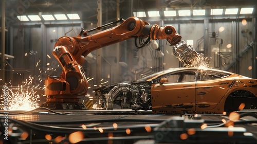 Robot assembling car in AIpowered factory, sparks flying, dim lighting, side view, industrial cinematic style