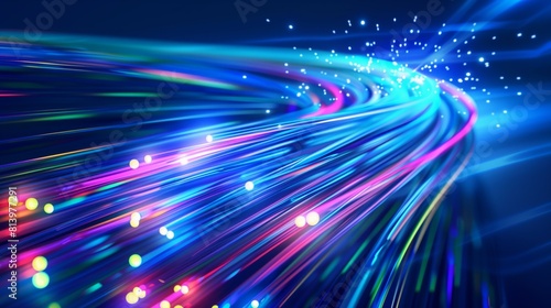 Vibrant image of colorful light streaks swirling dynamically on a dark blue background.