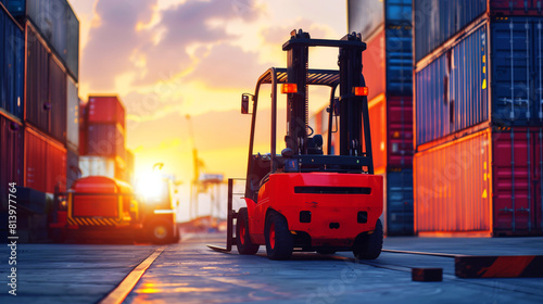 A red forklift parked in a container yard at sunset, with rows of colorful containers in the background.