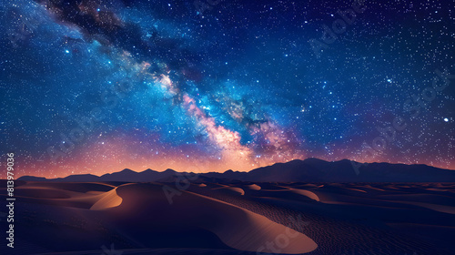 Tranquil Desert Oasis Under Milky Way Night Sky Flat Design Icon Depicting Celestial Glow and Serene Landscape in Desert Oasis Vector Illustration