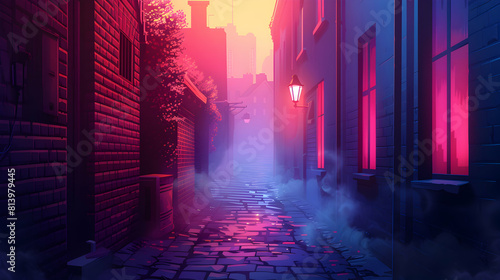 Misty Morning City Alley: A Mysterious Urban Scene in Flat Design Perfect for Exploration