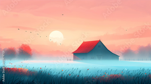 Simple flat design icon Misty Morning on the Farm concept: A rustic farm enveloped in morning mist capturing the tranquil start of a day in the countryside. Flat illustration.