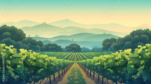 Morning Misty Vineyard: Flat Design Icon of Grapevines in Wine Country with Early Morning Fog Adobe Stock Concept Illustration