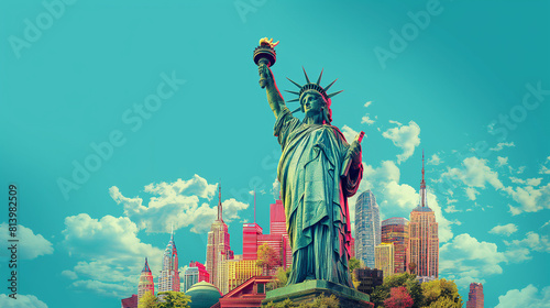 a perfect version of America, Symbols of Freedom: Colorful Map and Statue of Liberty