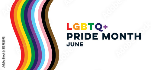 LGBTQ+ Pride Month Banner. LGBTQ Pride Month Text with Wavy Pride Flag Design Element. Vector Illustration