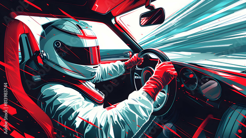 Flat Design Icon: Racing Driver Preparing for Race Illustration of A Driver Mentally and Physically Ready for High Speed Race, Representing Determination and Skill